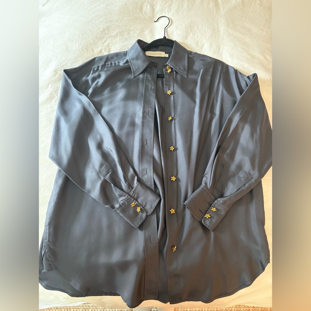 Zimmermann Charcoal Gray Silk Dress Shirt with Gold Star Buttons